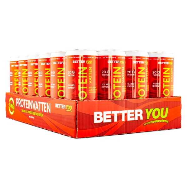 Better You Proteiinivesi + Kofeiini, Luonnollinen, Mansikka/Raparperi, 24-pack